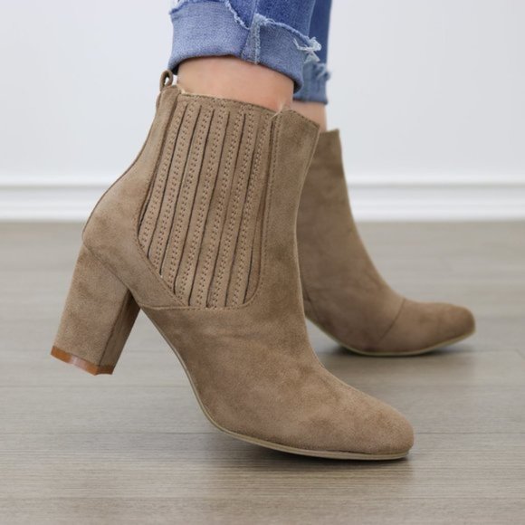 Vegan Suede Taupe Block Heel Ankle Bootie - Picture 2 of 6